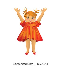 Happy little girl laughing with hands raised in beautiful dress on white background