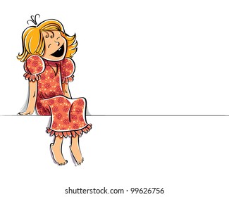 Happy little girl laughing, vector illustration with place for text.