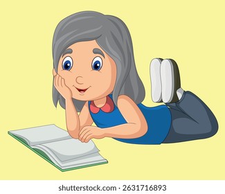 Happy little girl laying and reading a book vector illustration