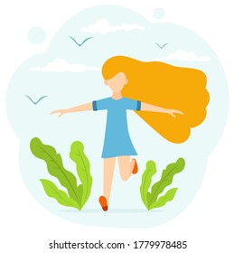 A happy little girl with long hair runs in the Park past plants. Joyful child isolated on white background. Illustration in a flat cartoon style with cute character. Happy childhood concept.