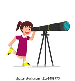 a happy little girl looks at something with her telescope