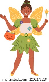Happy little girl in magic fairy costume, wingsб wand, pumpkin. Cute female character celebrate Halloween party. Flat cartoon vector illustration. Little kid dressed in carnival fairytale clothes.