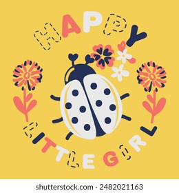 happy little girl Mary in flowers, petals and simple forms. Awesome female name design in bright colors. Tremendous vector