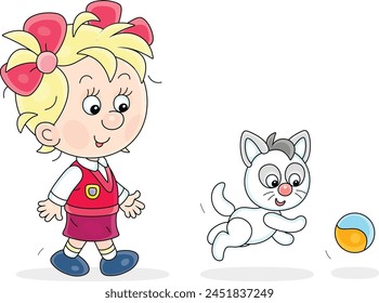 Happy little girl merrily walking and playing a ball with her playful small kitten, vector illustration on a white background