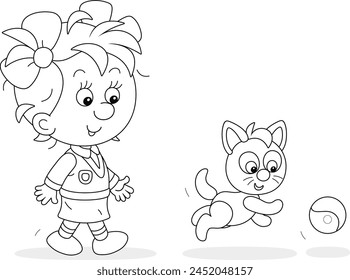 Happy little girl merrily walking and playing a ball with her playful small kitten, black and white outline vector illustration for a coloring book