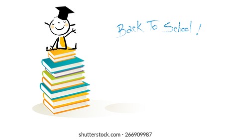 Happy little girl, on pile of books. Learning, education, back to school doodle style vector illustration.