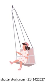 Happy little girl on swing semi flat color vector character. Sitting figure. Full body person on white. Childhood memory simple cartoon style illustration for web graphic design and animation
