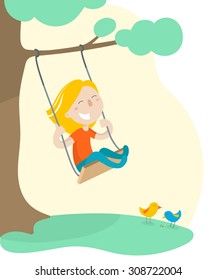 Happy little girl on a swing. Flat design. Vector illustration.