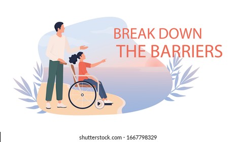 Happy little girl on wheelchair with her father on a beach. Disabled child has fun outside, world without barriers for disabled people concept. Web banner or poster idea. Flat vector illustration