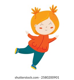 Happy little girl with orange hair. Girl is running or jumping and smiling. The illustration for children books, posters, stickers, and greeting cards. Vector illustration