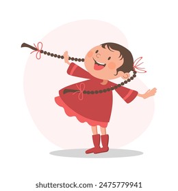 Niña feliz con coletas, concepto de la infancia. Ilustración, Vector