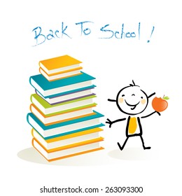 Happy little girl, with pile of books. Happy kids education, back to school doodle style vector illustration.