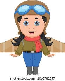 happy little girl in pilot costume playing with wings