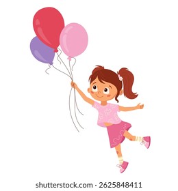 Happy little girl in pink outfit holding colorful balloons. Cheerful child character with ponytail smiling and playing. Cartoon design element for kids celebration or party. Vector illustration