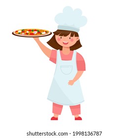 Happy little girl with pizza on plate. Cute smiling girl in chef uniform preparing homemade italian pizza. Cartoon style vector illustration, isolated on white.