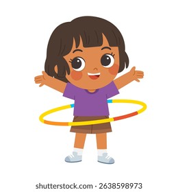 Happy little girl play hula-hoop. Happy kid doing gymnastics exercise.