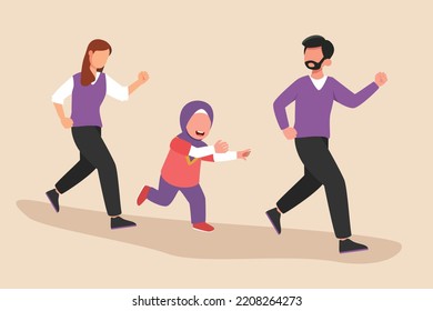 Happy little girl play jogging with his family. Family time concept. Colored flat graphic vector illustration isolated.