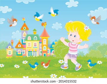 Happy little girl playing with a flock of merry sparrows and titmice in a green summer park of a pretty small town, vector cartoon illustration