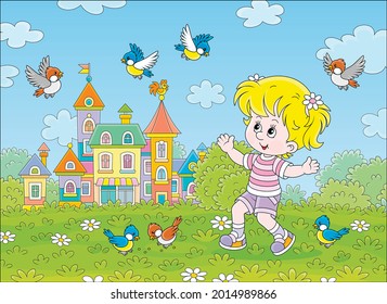 Happy little girl playing with a flock of merry sparrows and titmice in a green summer park of a pretty small town with colorful houses, vector cartoon illustration