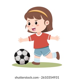 A happy little girl is playing football, kicking the ball with a joyful expression on a patch of green. Vector illustration.