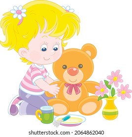 Happy little girl playing with a funny plush teddy bear, vector cartoon illustration