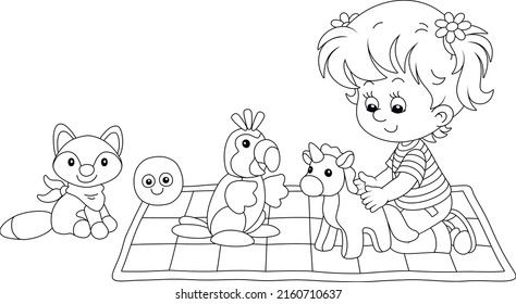 Happy little girl playing with a funny soft toy unicorn, a parrot and a fox on a checkered carpet in a nursery, black and white outline vector cartoon illustration for a coloring book page