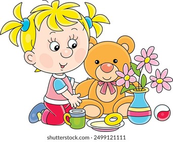 Happy little girl playing with a funny plush teddy bear, vector cartoon illustration isolated on a white background