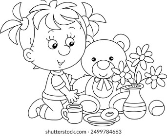 Happy little girl playing with a funny plush teddy bear, black and white outline vector cartoon illustration for a coloring book page