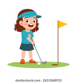 Happy Little Girl Playing Golf with Golf Club, Ready to Hit the Ball on Grass Field
