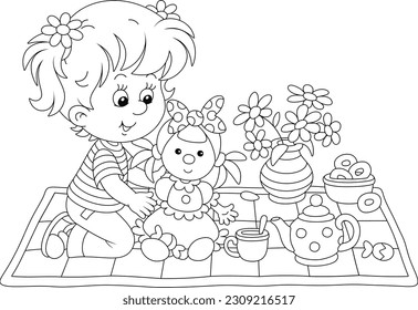 Happy little girl playing with her doll and a toy tea-set on a colorful checkered carpet in a nursery, black and white outline vector cartoon illustration for a coloring book page
