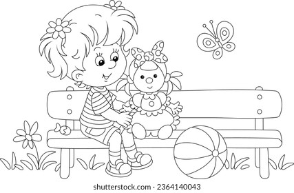 Happy little girl playing with her funny toy doll on a small bench in a park on a warm summer day, black and white vector cartoon illustration for a coloring book