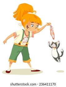 Happy little girl playing with a kitten.