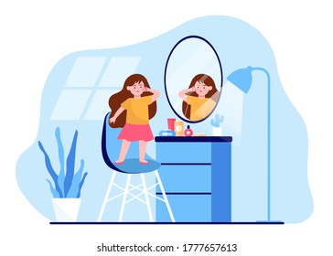 Happy little girl playing with make-up in front of mirror. Chair, face, kid flat vector illustration. Beauty and childhood concept for banner, website design or landing web page