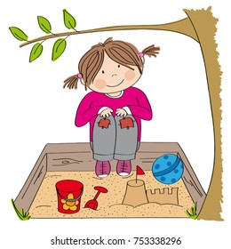 Happy little girl playing on the sandpit, building sandcastle - original hand drawn illustration