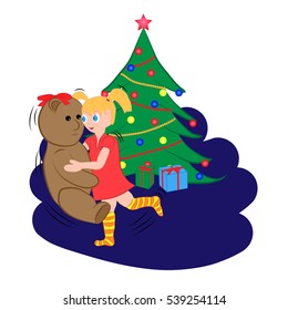 Happy little girl playing with plush bear against the background of the Christmas tree. Cartoon character. Christmas card. Vector illustration