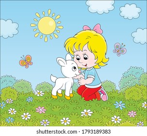 Happy little girl playing with a small white kid among wildflowers on green grass of a summer field on a sunny day, vector cartoon illustration