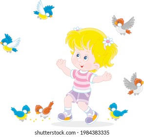 Happy little girl playing with a small flock of merry sparrows and titmice, vector cartoon illustration isolated on a white background