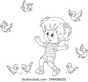 Happy little girl playing with a small flock of merry sparrows and titmice, black and white outline vector cartoon illustration for a coloring book page