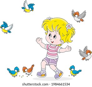 Happy little girl playing with a small flock of merry sparrows and titmice, vector cartoon illustration isolated on a white background