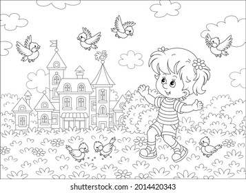 Happy little girl playing with a small flock of merry sparrows and titmice in a summer park of a pretty small town, black and white outline vector cartoon illustration for a coloring book page