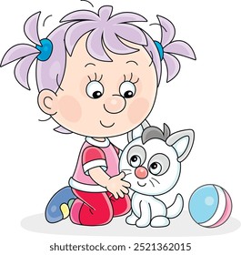 Happy little girl playing with a small kitten, vector cartoon illustration on a white background