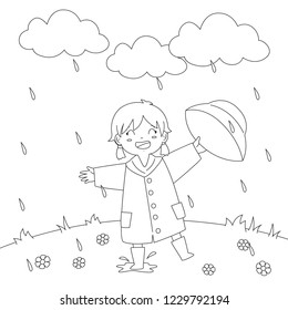 happy little girl playing under the rain, cartoon vector illustration. Coloring page for kids template