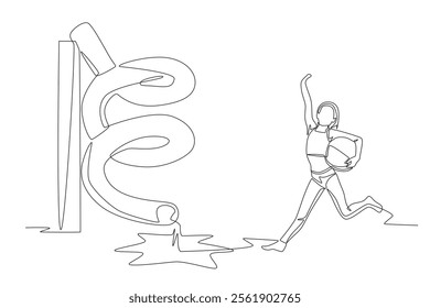 Happy little girl playing in water park. Water park concept one-line drawing