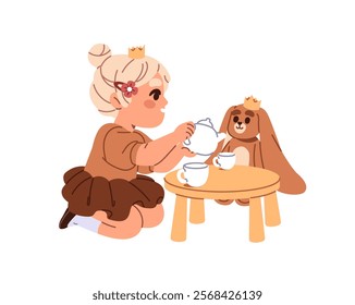 Happy little girl plays tea party with plush friend bunny. Cute kid pours drink from teapot into cup for stuffed toy. Child has fun on the table in nursery. Flat isolated vector illustration on white