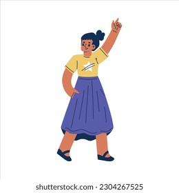 Happy Little Girl Pointing Finger Standing and Smiling Vector Illustration