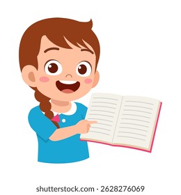 Happy Little Girl Pointing at Open Book with Blank Pages Illustration