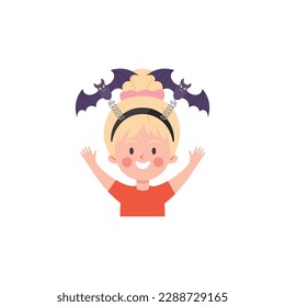 Happy little girl portrait in headband with bats on head, flat vector illustration isolated on white background. Child in halloween headgear or headband.