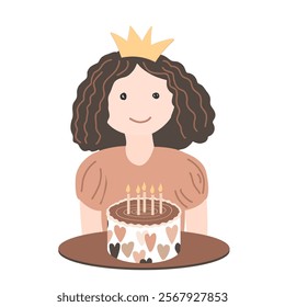 Happy little girl in princess crown is going to blow out the candle on her Birthday cake. Cartoon vector isolated illustration.