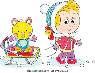 Happy little girl pulling her sled with a funny toy cat on a snowy winter day, vector cartoon illustration on a white background