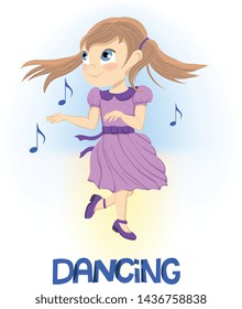 Happy little girl in purple dress dancing near floating musical notes over blue and yellow gradient on white background. Vector illustration.